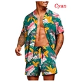 Cyan Hawaiian floral print two-piece set featuring short sleeve shirt and drawstring shorts - S / Cyan Yellow Pink Tropical Leaf Style