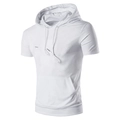 Detail of white hooded short sleeve t-shirt featuring drawstring and kangaroo pocket - White