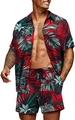 Men's bright red Hawaiian beach set featuring tropical palm leaf print shirt and shorts - S / Bright Red Tropical Palm Leaf Style