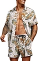 Men's loose Hawaiian set with tropical palm leaf print shirt and drawstring shorts - S / White Green Coffee Tropical Palm Style