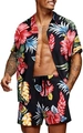 Men's loose tropical Hawaiian floral print short sleeve shirt and shorts beach set in black - S / Black Background Red Blue Yellow Floral Style