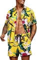 Hawaiian floral print shirt and shorts set in yellow with tropical orchid patterns - S / Bright Yellow Tropical Orchid Style