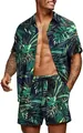 Men's summer Hawaiian set with dark green tropical leaf print shirt and shorts - S / Dark Green Navy Tropical Rainforest Leaf Style