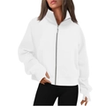 Women's white cropped fleece hoodie with full zipper, stand collar, and thumb holes - S / White