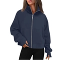 Women's minimalist navy blue stand collar hoodie with long zipper and thumb holes - S / Navy Blue