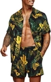 Men's summer Hawaiian shirt and shorts set with yellow tropical palm leaf prints - S / Black Background Yellow Green Palm Style