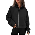 Women's black zip-up hoodie with stand collar, drop shoulders and thumbhole cuffs - S / Black