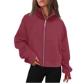 Women's burgundy cropped zip-up sweatshirt with stand collar and functional thumb holes - S / Burgundy