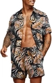 Men's loose Hawaiian style summer set with black floral shirt and matching drawstring shorts - S / Black Background White Brown Palm Style