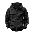 Men's heavy black hooded workwear jacket with multiple utility pockets and zip closure - 3XL / Tops / Black