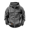 Detail of dark gray hooded workwear jacket with chest pockets and brown leather patch - 3XL / Tops / Dark Gray