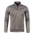 Detail view of men's quarter-zip sweater showing grey texture and leather hem label - Coffee