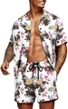Men's Hawaiian floral shorts set with pink hibiscus and pineapple patterns - S / White Background Pink Floral Tropical Pineapple Style