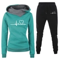 Lake blue hoodie and black sweatpants tracksuit set with heartbeat print for women - S / Green Silver