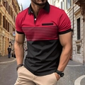 Detail of red and black striped polo shirt with buttoned collar and chest pocket - S / Tops / Red