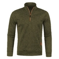 Detail view of half-zip knit sweater with contrast orange trim and marled fabric - Army Green