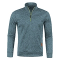 Detail of grey-blue knit sweater showing stand collar and fluorescent yellow zipper - Denim Blue