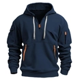 Detail view of navy hoodie with orange zipper pocket and tactical sleeve compartments - M / Navy Blue