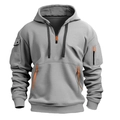Close-up of grey men hoodie with orange zippers, multi-pocket design and knit texture - M / Light Gray
