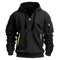 Detail of black tactical hoodie with fluorescent yellow zippers and utility arm pockets - M / Black
