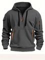 Detail view of men's dark gray tactical hoodie featuring orange zippers and arm pockets - M / Dark Gray