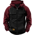 Close-up of men's hooded workwear jacket featuring chest flap pockets and metal zipper - S / Black Red Patchwork