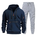 Dettaglio felpa con cappuccio blu navy e pantaloni sportivi grigi con coulisse regolabile - Taglia M / Blu navy/Grigio chiaro