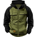 Detail of olive green hooded jacket showing flap chest pockets and faux leather hem tag - S / Army Green Black Patchwork