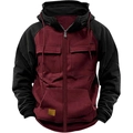 Close-up of contrast hoodie detailing stitching on burgundy chest and black flap pockets - S / Wine Red & Black