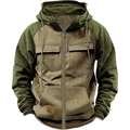 Détail du sweat à capuche style cargo avec coutures contrastées et grandes poches poitrine - S / Patchwork Camel Vert