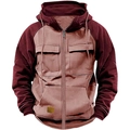Close-up of men's hooded workwear jacket with contrasting wine red sleeves and pockets - S / Pink Red Patchwork