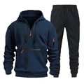 Dettaglio felpa blu navy con cerniera arancione e pantaloni sportivi neri per uomo - Taglia M / Blu Notte/Nero