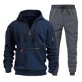 Dettaglio del set felpa con cappuccio blu con accenti zip arancioni e tasche funzionali - Taglia M / Blu navy/Grigio scuro