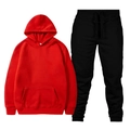 Men's casual red drawstring hoodie and black joggers set in a fleece lining style - Red Top and Black Pants