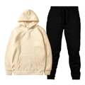 Men's casual sports tracksuit set featuring a cream hoodie and black joggers on white background - Khaki Top and Black Pants