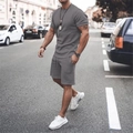 Close-up of gray knit fabric texture and seam detail on men's summer sports set - S / Dark Gray