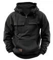Detail of men's black vintage hoodie with half-zip, dual chest pockets, and kangaroo bag - S / Black
