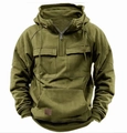 Detail of army green tactical hoodie featuring half-zip collar and large utility chest pockets - S / Army Green