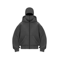 Detailansicht eines dunkelgrauen Oversize-Kapuzenpullovers mit integrierter Balaclava-Maske - S / Dunkelgrau