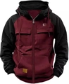 Dettaglio della giacca da lavoro con cappuccio, tasche cargo e maniche a contrasto - Taglia S / Wine Red/Black Patchwork