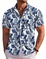 Close-up of tropical navy palm leaf print and chest pocket on a white summer shirt - 3XL / White Blue Palm Leaf (FLS-10)