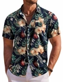 Close-up of tropical floral print and texture on men's short-sleeved Hawaiian shirt - 3XL / Orange Red Hibiscus (FLS-09)