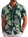 Detail of dark green Hawaiian shirt featuring white tropical palm leaf prints and chest pocket - 3XL / Deep Green Tropical Plant (FLS-08)