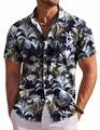 Close-up of Hawaiian floral print details on short sleeve shirt with blue tropical patterns - 3XL / Navy Vacation Floral (FLS-07)