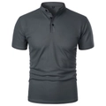 Slim fit dark grey cotton piqué polo shirt with a modern mandarin collar and three buttons - Dark Gray