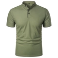 Detail of army green polo shirt with piqué mesh fabric, ribbed collar and three buttons - Green
