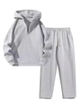 Detail of the soft cotton fabric texture on the grey sweatshirt and drawstring pants - S / Gray
