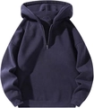 Detail of metal zipper closure and hood on loose navy blue hooded sweatshirt - M / Navy Blue
