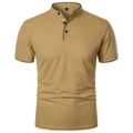Détail du polo jaune moutarde à texture gaufre avec col montant et boutons noirs - S / Khaki