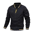Men's black flight bomber jacket with yellow and white striped ribbed trim and metal zipper - M / Black